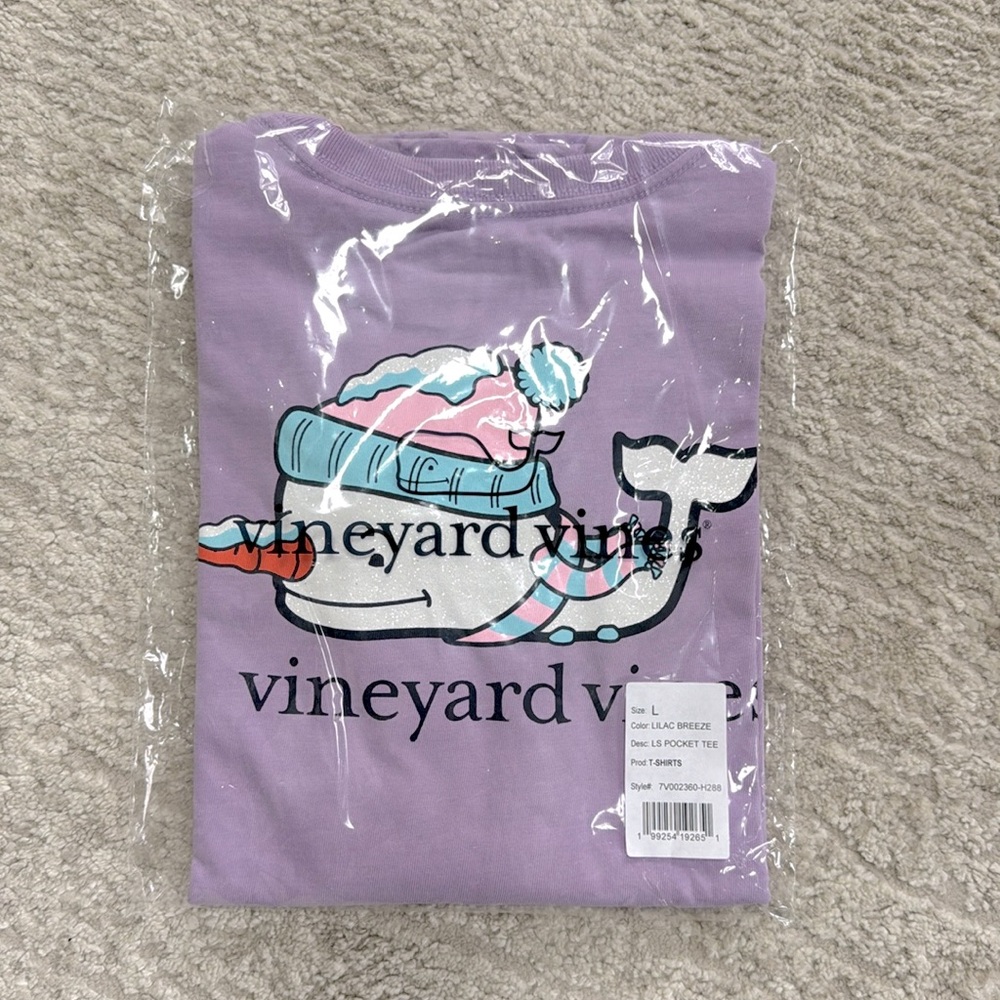 NWT Vineyard Vines Girls Lilac Breeze Glitter Snowman Whale Long Sleeve T Size L